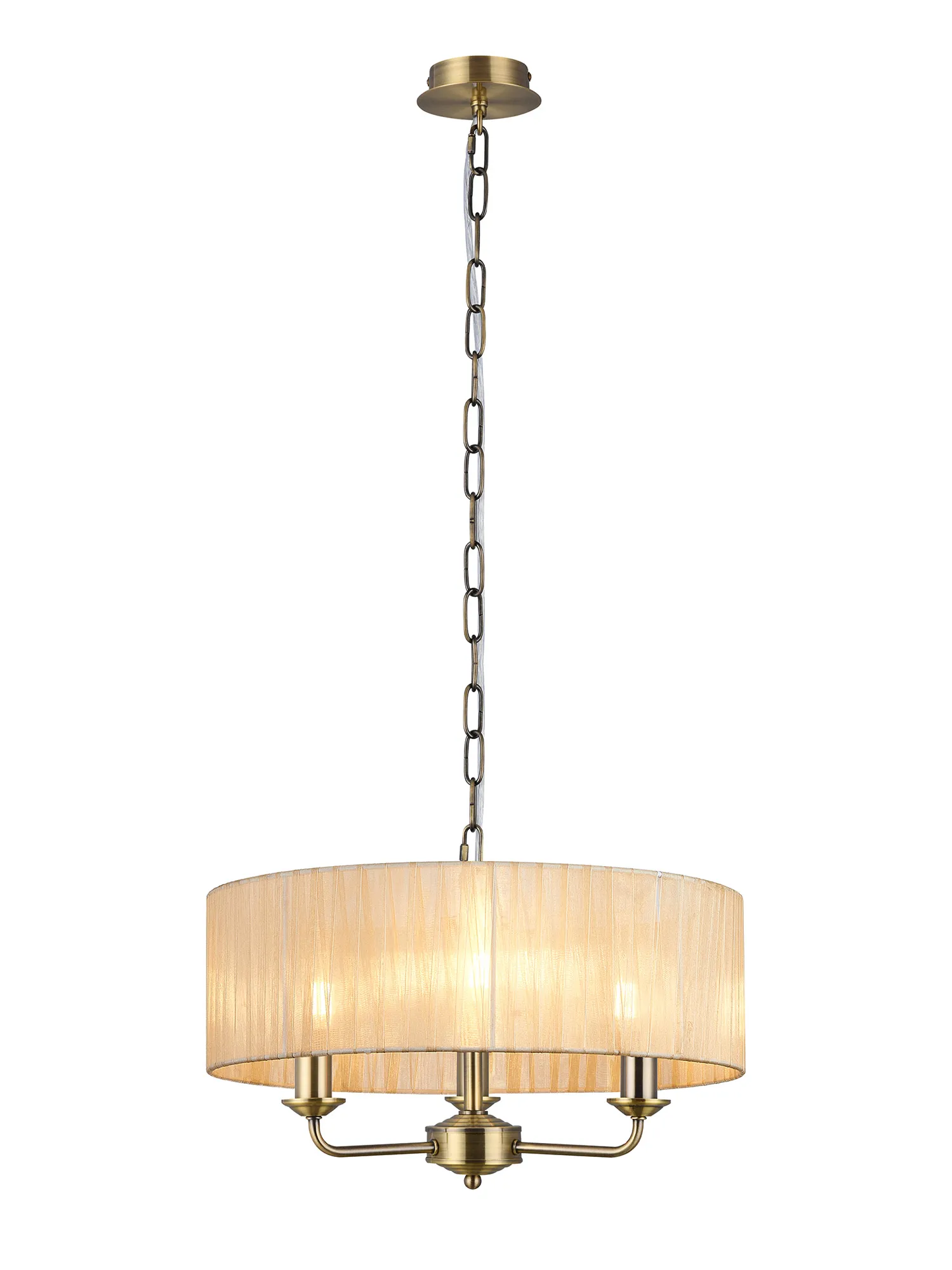 Banyan 3 Light Multi Arm Pendant With 45cm x 15cm Organza Shade Antique Brass/Soft Bronze DK0869  Deco Banyan AB SB